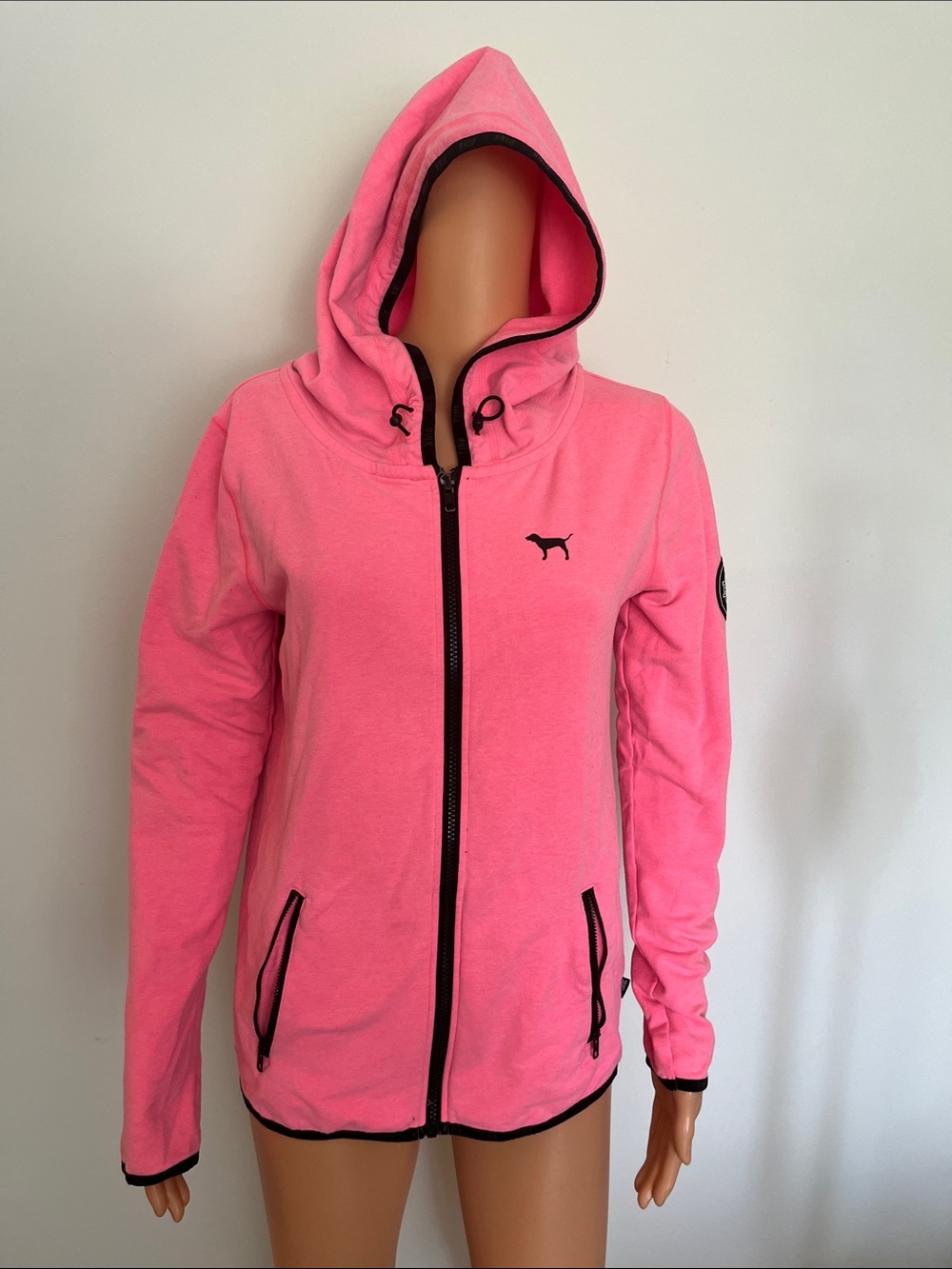 PINK Victoria's Secret Hot Pink Hooded Zip Sweatshirt with Logo Patch
